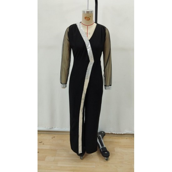 Kadın Uzun V Yakalı önden Pulpayet Detaylı Tüllü Uzun Ithal Krep Tulum, 29672