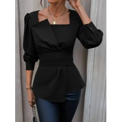 Kadın Uzun Kollu Geometrik Yakalı Belden Oturmalı Ithal Krep Bluz , 29669