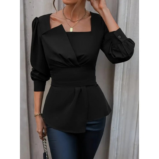 Kadın Uzun Kollu Geometrik Yakalı Belden Oturmalı Ithal Krep Bluz , 29669