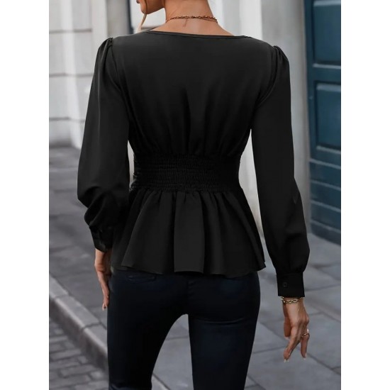 Kadın Uzun Kollu Geometrik Yakalı Belden Oturmalı Ithal Krep Bluz , 29669