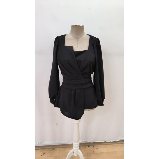 Kadın Uzun Kollu Geometrik Yakalı Belden Oturmalı Ithal Krep Bluz , 29669