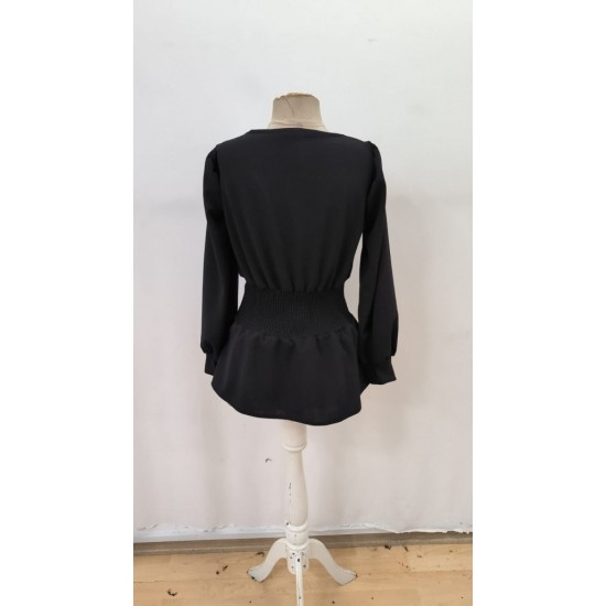 Kadın Uzun Kollu Geometrik Yakalı Belden Oturmalı Ithal Krep Bluz , 29669