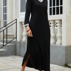 Kadın Uzun Kollu V Yakalı Yanlardan Yırtmaçlı Uzun Viskon Iki Iplik Elbise, 29668