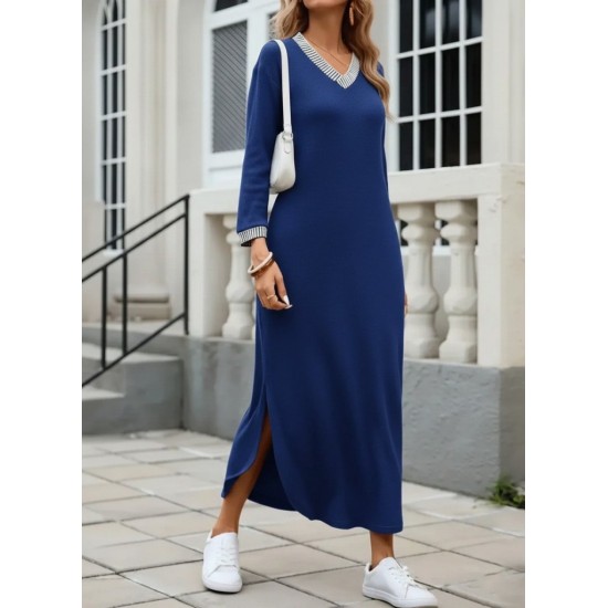 Kadın Uzun Kollu V Yakalı Yanlardan Yırtmaçlı Uzun Viskon Iki Iplik Elbise , 29667