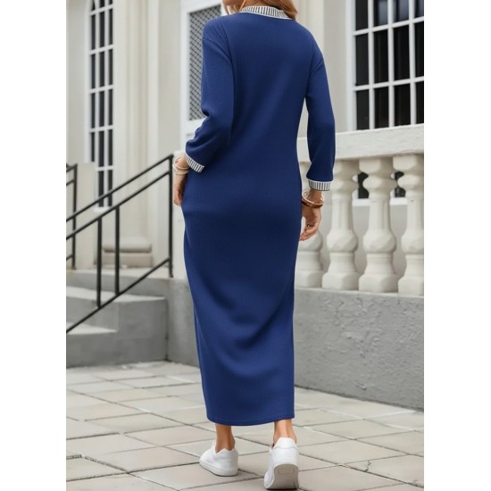 Kadın Uzun Kollu V Yakalı Yanlardan Yırtmaçlı Uzun Viskon Iki Iplik Elbise , 29667