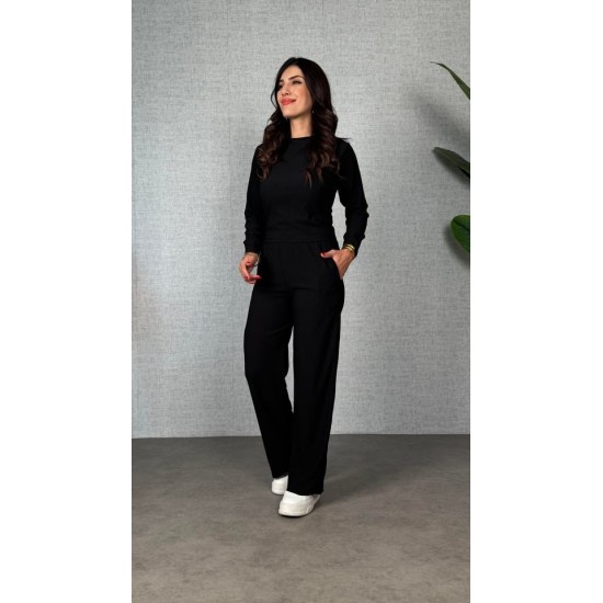 Kadın Uzun Kol Bisiklet Yaka Bürümcük Bluz Ve Pantolon Ikili Takım , 29666