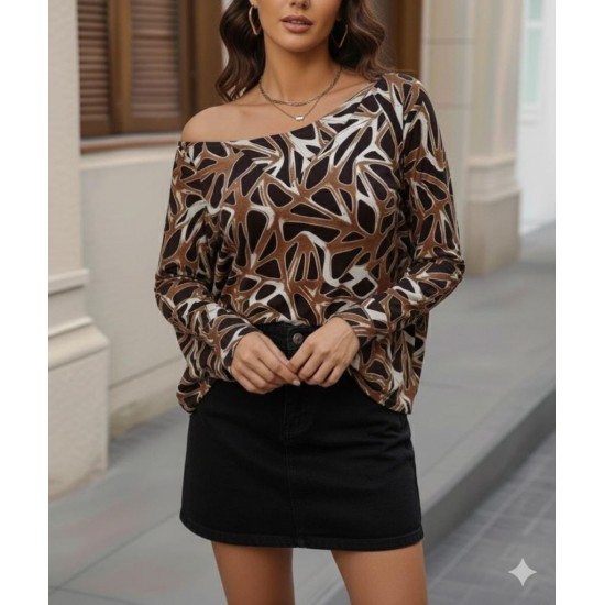 Kadın Uzun Kollu V Yaka Düşük Omuz Geometrik Desen şardonlu Dalgıç Bluz, 29663
