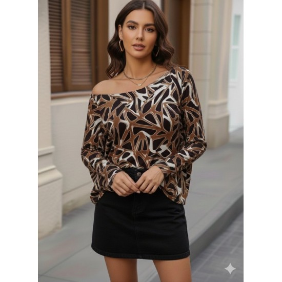 Kadın Uzun Kollu V Yaka Düşük Omuz Geometrik Desen şardonlu Dalgıç Bluz, 29663