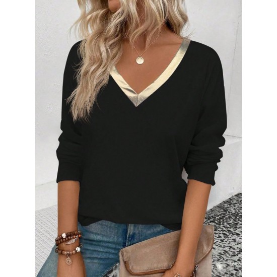 Kadın Uzun Kollu V Parlak Yaka Detaylı Viskon Bluz , 29649