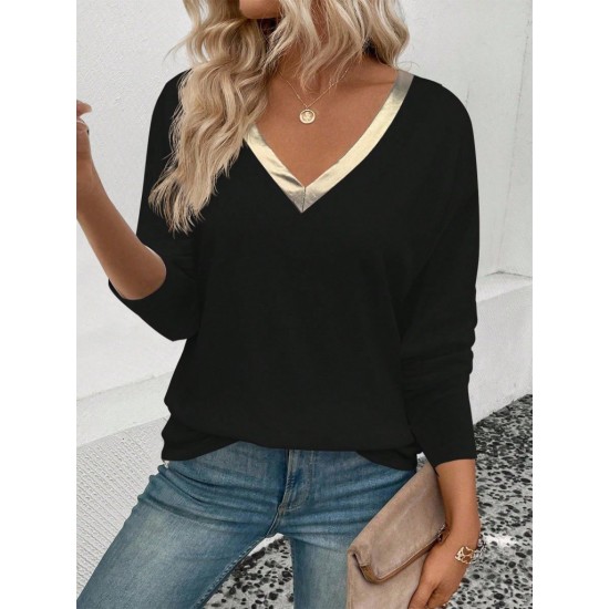 Kadın Uzun Kollu V Parlak Yaka Detaylı Viskon Bluz , 29649