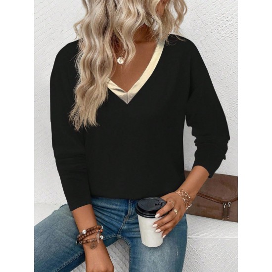 Kadın Uzun Kollu V Parlak Yaka Detaylı Viskon Bluz , 29649