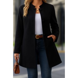 Women' S Long-sleeved, Mandarin Collar, Button-front, Short Cashmere Coat With Pocket Details., 29616