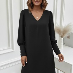 Kadın Uzun Kollu V Yakalı Kısa Ithal Krep Elbise , 29702