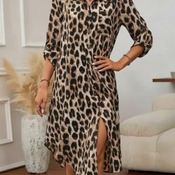 Kadın Uzun Kollu Yakalı önden Düğmeli Leopar Desenli Modal Midi Elbise , 29700