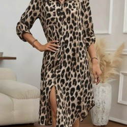 Kadın Uzun Kollu Yakalı önden Düğmeli Leopar Desenli Modal Midi Elbise , 29700 Kadın Uzun Kollu Yakalı önden Düğmeli Leopar Desenli Modal Midi Elbise , 29700