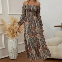 Kadın Düşük Omuzlu Beli Büzgülü Dijital Desenli Kesik Elyaf Süprem Uzun Elbise , 29699