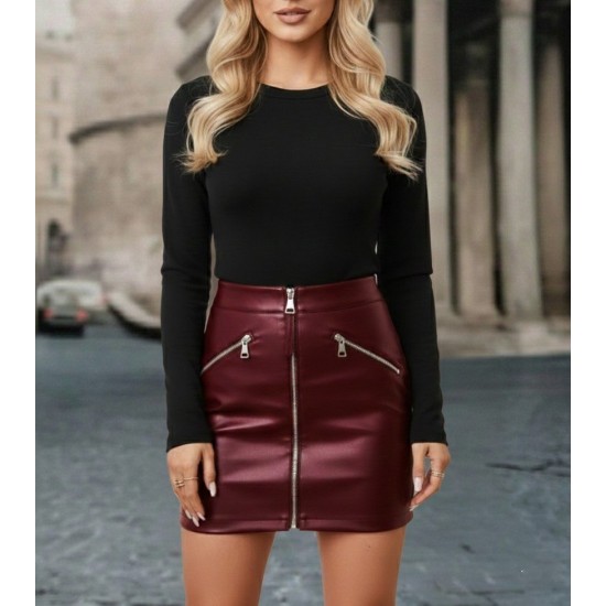 Kadın Yüksek Bel Fermuarlı Mini Deri Etek, 29698