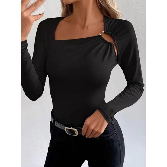 Kadın Uzun Kollu Yakadan Halka Detaylı Viskon Bluz , 29725