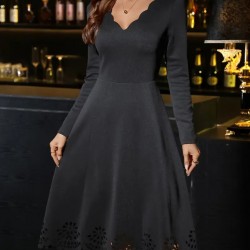 Kadın Uzun Kollu V Yakalı Lazer Kesim Detaylı Midi Ithal Krep Elbise , 29717