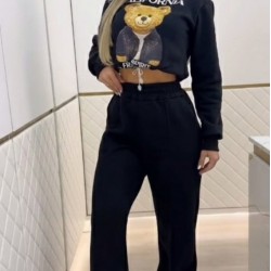 Kadın Uzun Kollu Bisiklet Yaka Desenli Iki Iplik şardonlu Bluz Ve Pantolon Ikili Takım , 29712