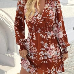Kadın Uzun Kollu Kruvaze Yakalı çiçek Desenli Mini Süprem Elbise , 29744