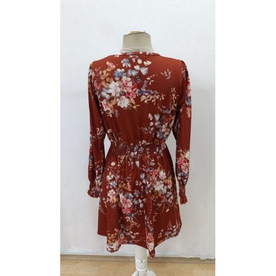 Kadın Uzun Kollu Kruvaze Yakalı çiçek Desenli Mini Süprem Elbise , 29744 Kadın Uzun Kollu Kruvaze Yakalı çiçek Desenli Mini Süprem Elbise , 29744