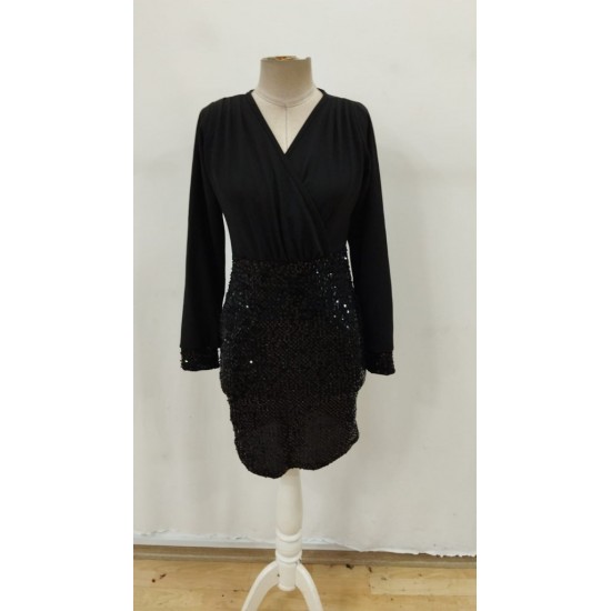 Kadın Uzun Kollu Kruvaze Yakalı üst Ithal Krep Alt Pulpayetli Mini Ithal Krep Elbise , 29738 Kadın Uzun Kollu Kruvaze Yakalı üst Ithal Krep Alt Pulpayetli Mini Ithal Krep Elbise , 29738