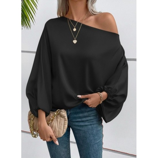 Kadın Tek Omuzu Açık Uzun Kollu Salaş Sandy Bluz , 29736