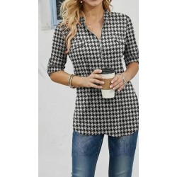 Kadın Uzun Kollu Hakim Yaka Yakadan Fermuarlı Geometrik Desenli Süprem Bluz , 29735