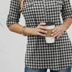 Kadın Uzun Kollu Hakim Yaka Yakadan Fermuarlı Geometrik Desenli Süprem Bluz , 29735