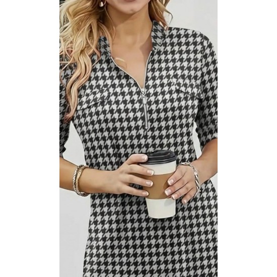 Kadın Uzun Kollu Hakim Yaka Yakadan Fermuarlı Geometrik Desenli Süprem Bluz , 29735