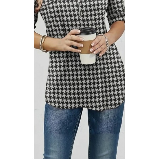 Kadın Uzun Kollu Hakim Yaka Yakadan Fermuarlı Geometrik Desenli Süprem Bluz , 29735