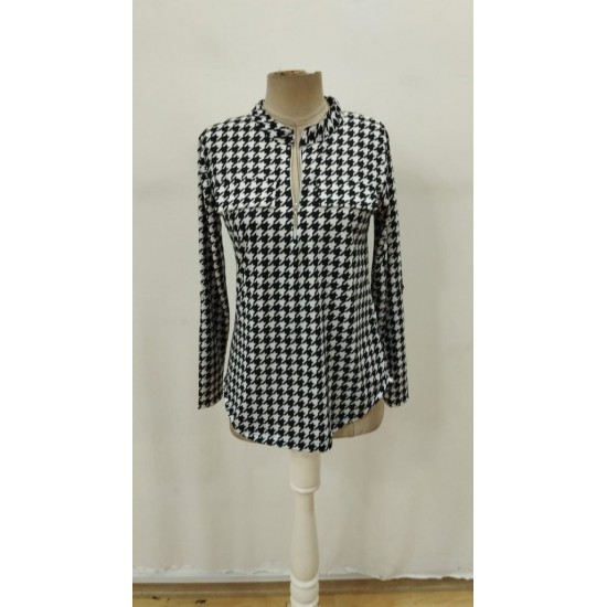 Kadın Uzun Kollu Hakim Yaka Yakadan Fermuarlı Geometrik Desenli Süprem Bluz , 29735