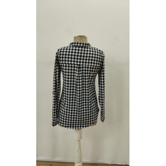 Kadın Uzun Kollu Hakim Yaka Yakadan Fermuarlı Geometrik Desenli Süprem Bluz , 29735