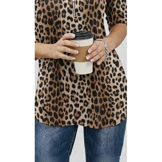 Kadın Uzun Kollu Hakim Yaka Yakadan Fermuarlı Geometrik Desenli Süprem Bluz , 29734