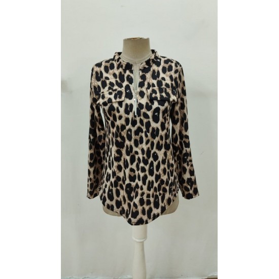 Kadın Uzun Kollu Hakim Yaka Yakadan Fermuarlı Geometrik Desenli Süprem Bluz , 29734