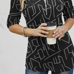 Kadın Uzun Kollu Hakim Yaka Yakadan Fermuarlı Geometrik Desenli Süprem Bluz , 29733