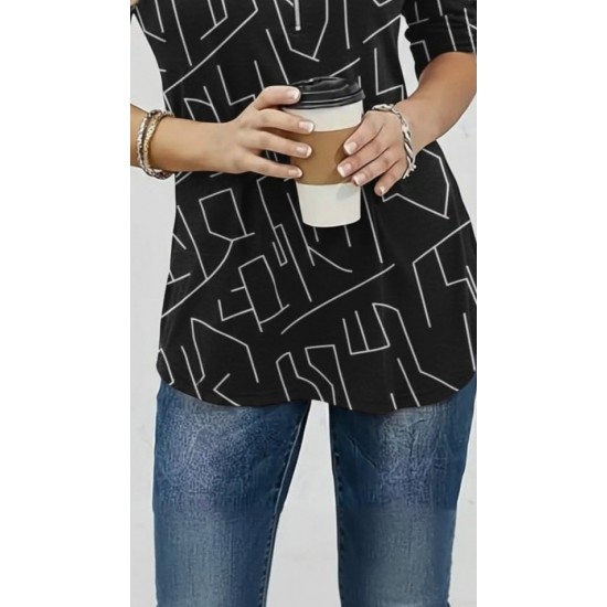 Kadın Uzun Kollu Hakim Yaka Yakadan Fermuarlı Geometrik Desenli Süprem Bluz , 29733