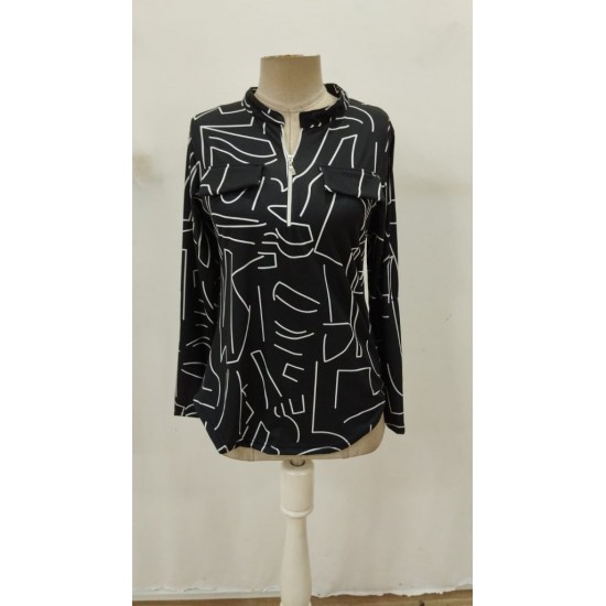 Kadın Uzun Kollu Hakim Yaka Yakadan Fermuarlı Geometrik Desenli Süprem Bluz , 29733