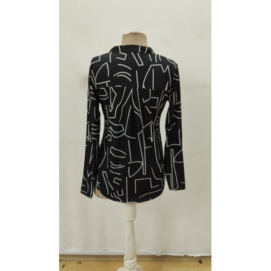 Kadın Uzun Kollu Hakim Yaka Yakadan Fermuarlı Geometrik Desenli Süprem Bluz , 29733