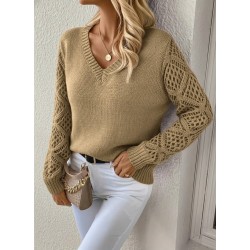 Kadın Uzun Kollu V Yaka Kol Delikli Baklava Desen Detaylı Triko Kazak, 29802