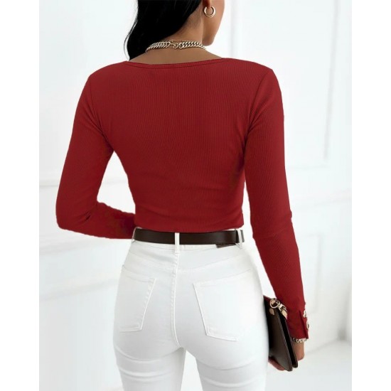 Kadın Uzun Kollu Yakadan Açık Ve Düğme Detaylı Kaşkorse Bluz, 29756