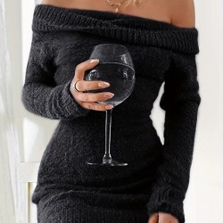 Kadın Uzun Kollu Omuzlardan Açık Kısa şardonlu Triko Elbise , 29752