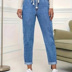 Kadın Yüksek Bel Bağcıklı Kot Pantolon , 29749