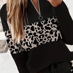 Kadın Uzun Kollu Fermuarlı Karışık Desenli Viskon Iki Iplik Bluz Ve Pantolon Ikili Takım , 29803