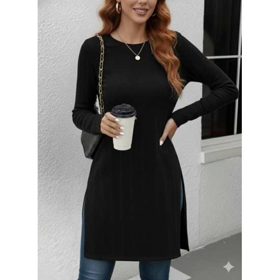 Kadın Uzun Kollu Bisiklet Yaka Iki Yandan Yırtmaç Detay Triko Bluz, 29809