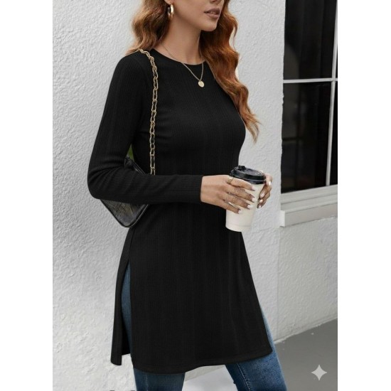 Kadın Uzun Kollu Bisiklet Yaka Iki Yandan Yırtmaç Detay Triko Bluz, 29809