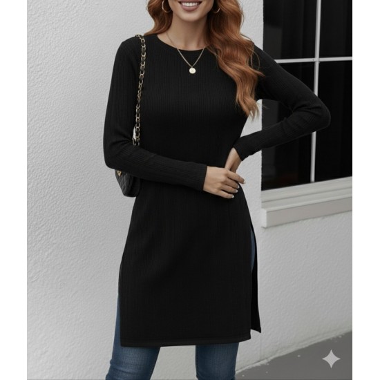 Kadın Uzun Kollu Bisiklet Yaka Iki Yandan Yırtmaç Detay Triko Bluz, 29809