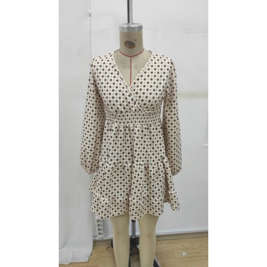 Kadın Uzun Kollu Kruvaze Yaka Desenli Mini Modal Elbise , 29807