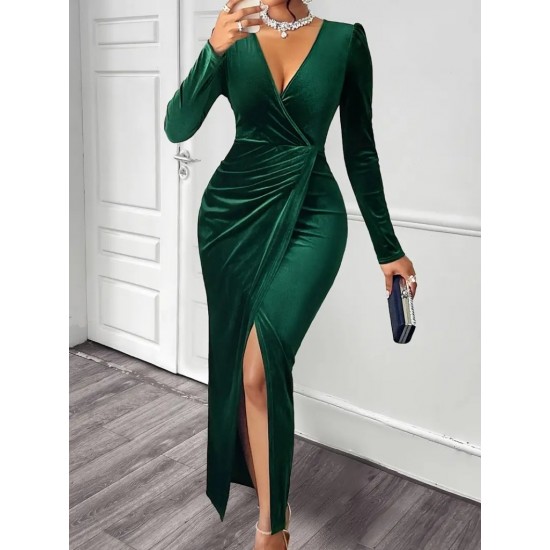 Kadın Uzun Kollu Kruvaze Yaka önünden çapraz Detaylı Uzun Kadife Elbise, 29814 Kadın Uzun Kollu Kruvaze Yaka önünden çapraz Detaylı Uzun Kadife Elbise, 29814